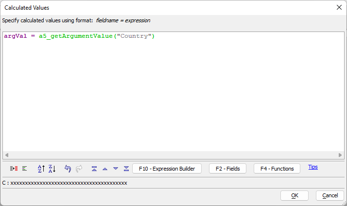 a5_getArgumentValue() used to create a calculated field with the value of the "Country" argument